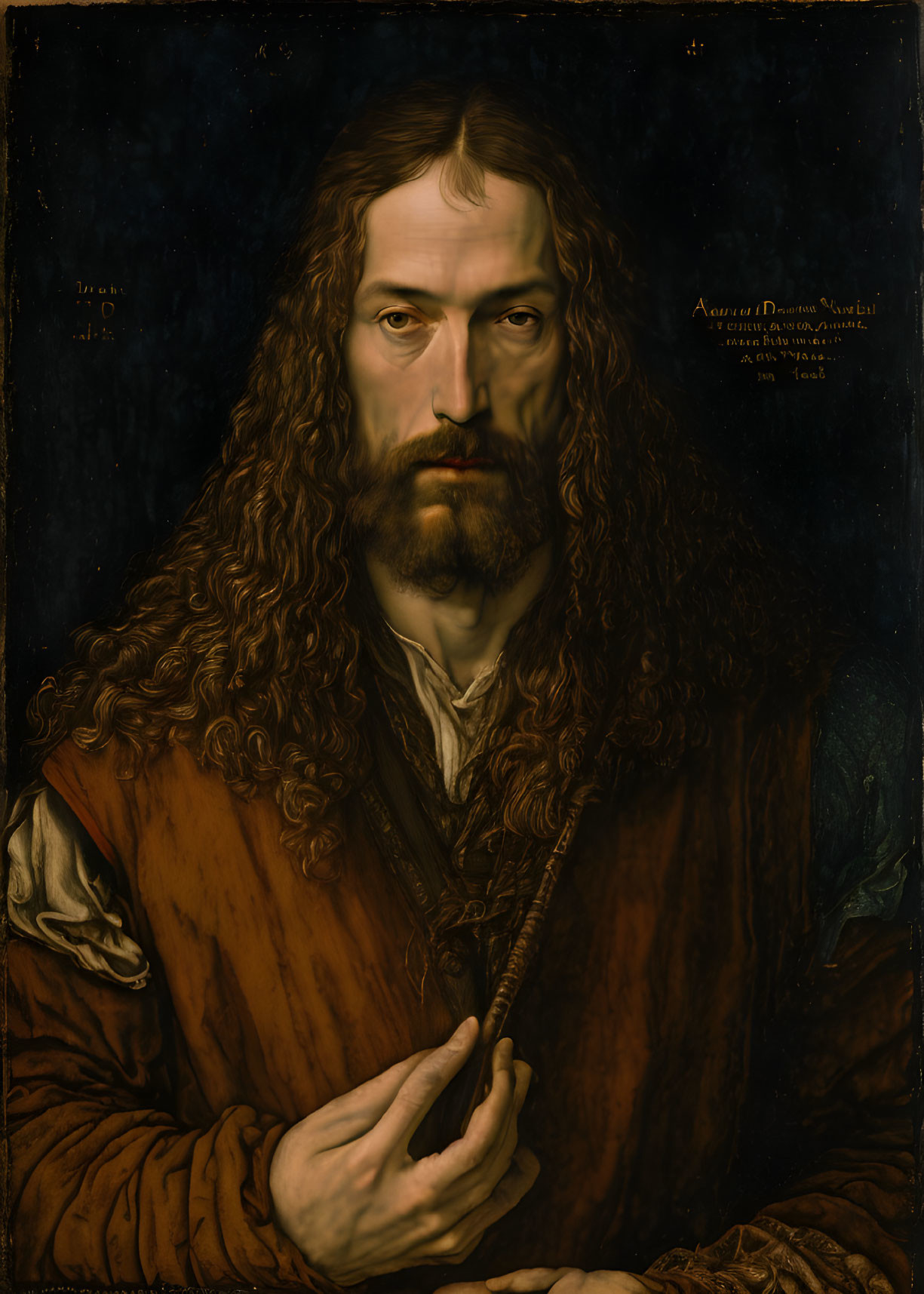 Historical painting of bearded man with quill and intense gaze