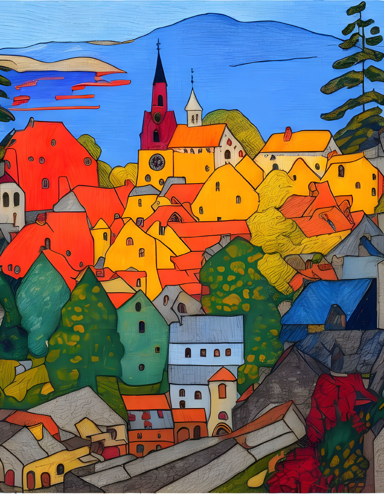 Colorful European village painting with red church spire & abstract trees