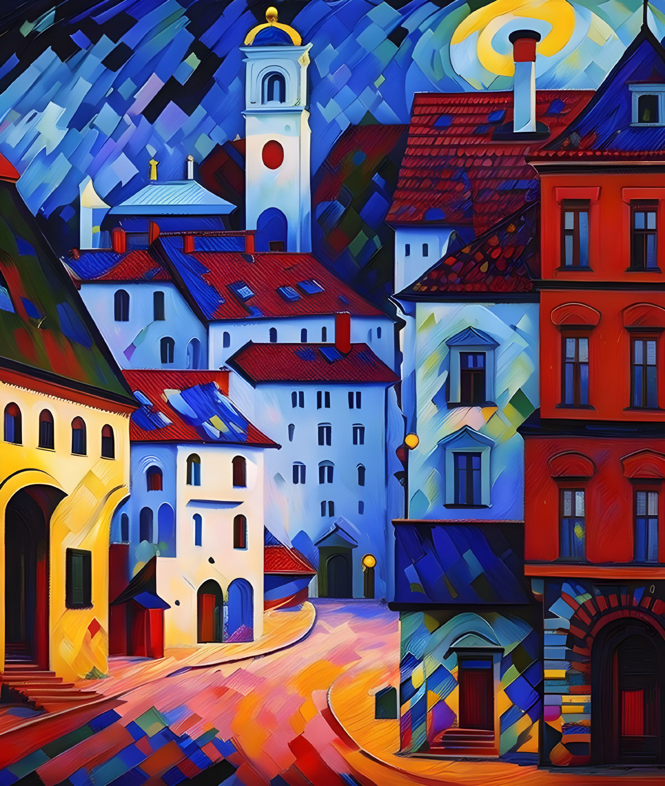 Vibrant European town painting with dynamic shapes