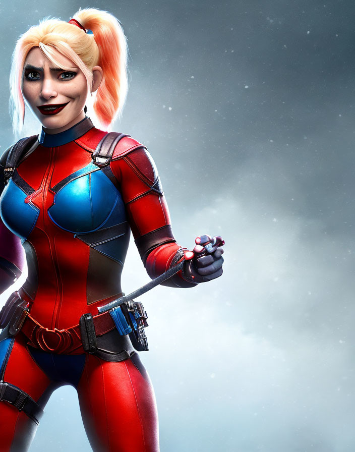 Confident woman in red and blue superhero suit with white and red-tipped hair holding detonator against