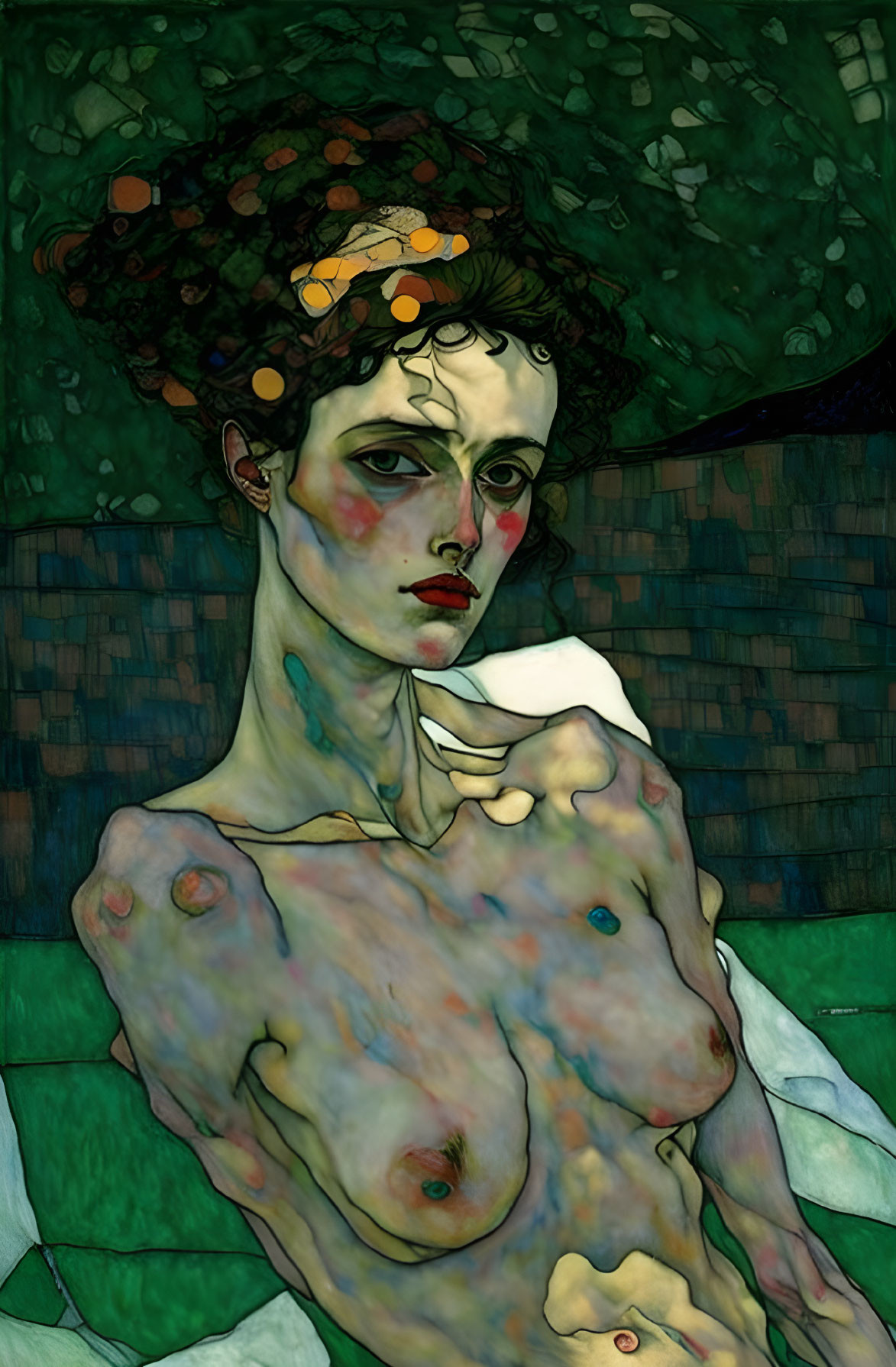 Stylized female figure with prominent eyes on green mosaic background