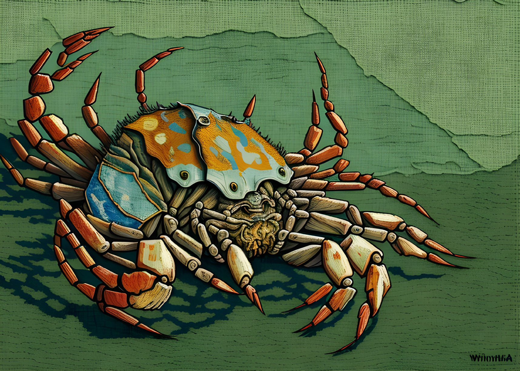 Colorful Crab Illustration on Textured Green Background with Signature