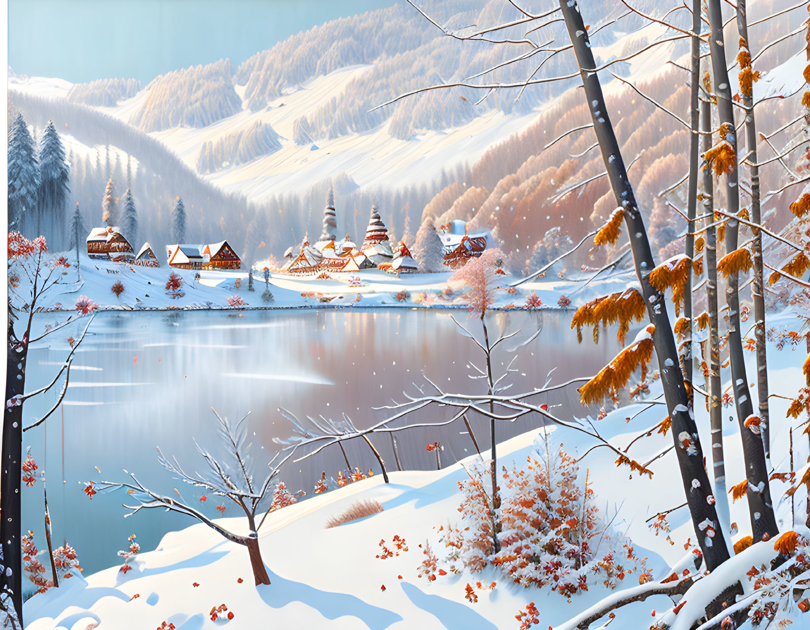 Snow-covered village by lake surrounded by mountains and autumnal foliage in tranquil winter scene