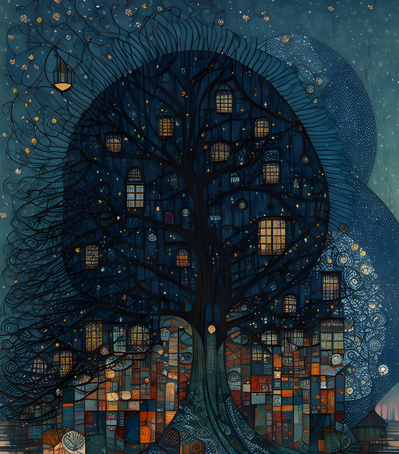 Large Tree Artwork with Branches Against Starry Sky & Treehouse Windows