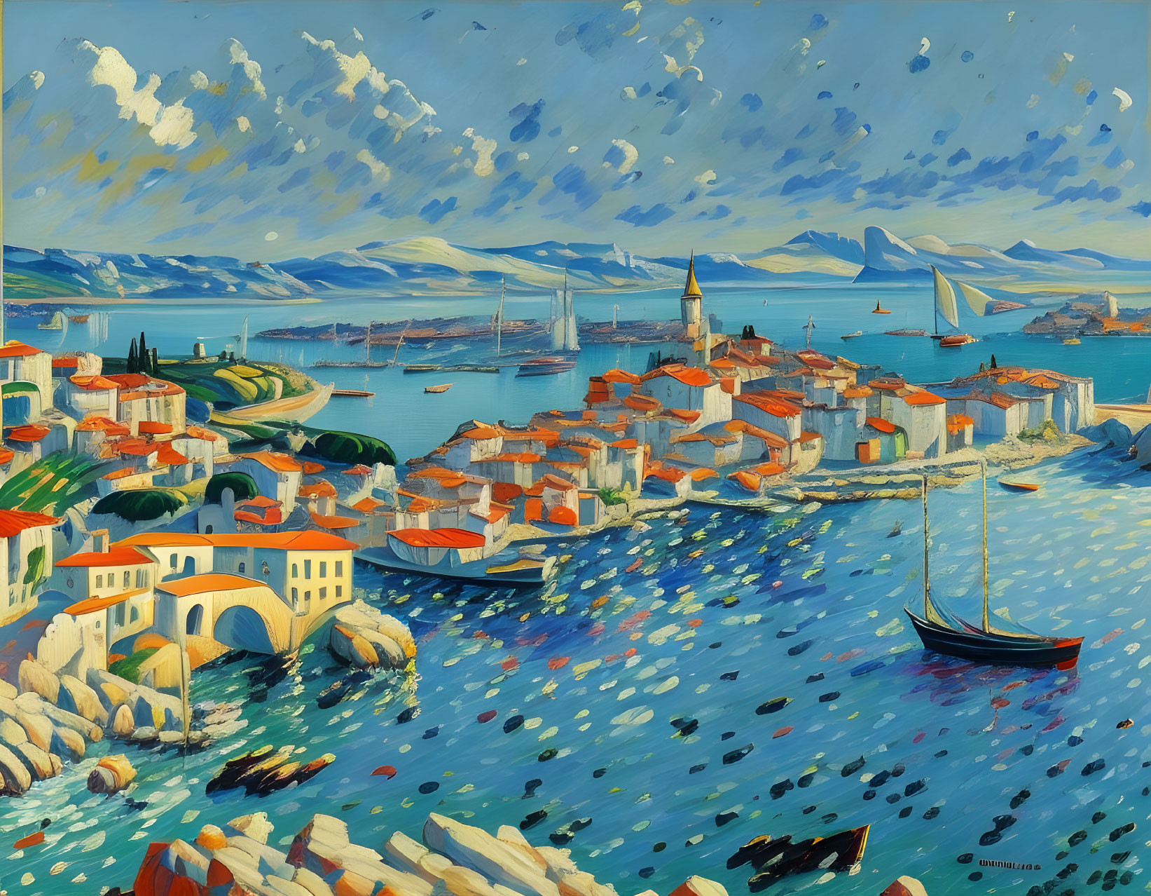 Colorful coastal town painting with terracotta roofs, blue sea, boats, and mountains under a