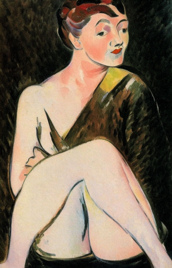 Bold Expressionist Painting of Seated Woman with Red Lips
