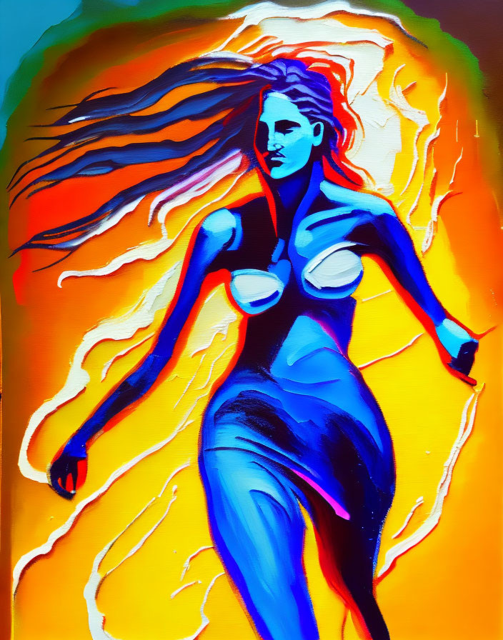 Dynamic Woman Portrait in Bold Blue Tones on Fiery Abstract Background