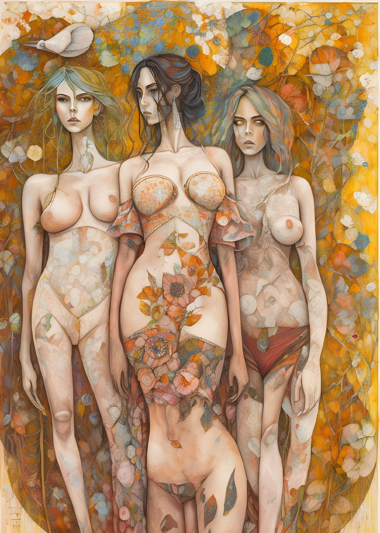 Stylized semi-nude female figures with floral body art in autumn floral backdrop