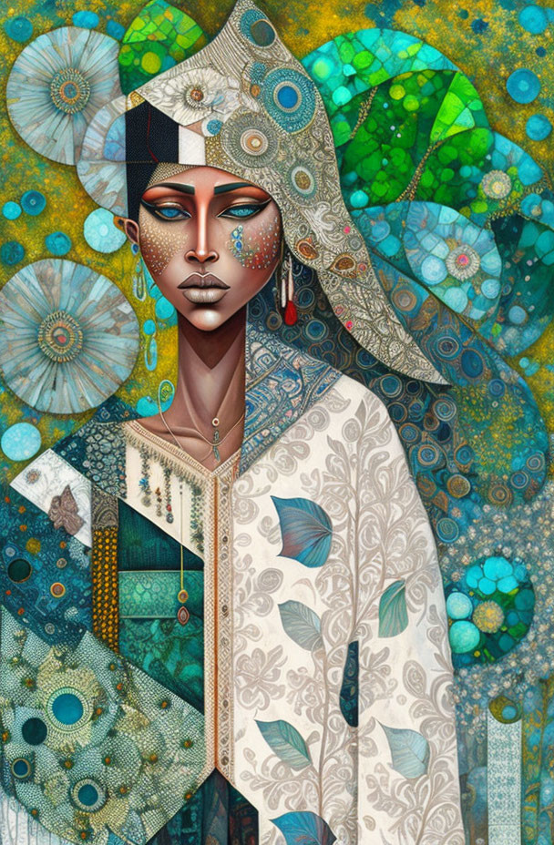 Vibrant African-inspired portrait with geometric patterns in green and blue