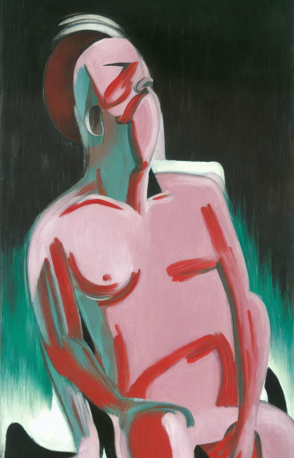 Stylized painting of seated muscular figure in pink and red on dark green background