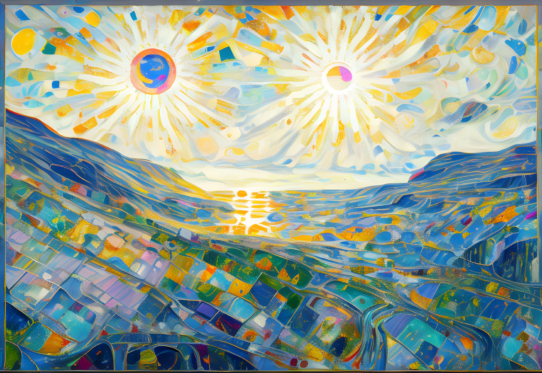 Colorful Abstract Painting of Hilly Landscape and Sunburst Sky