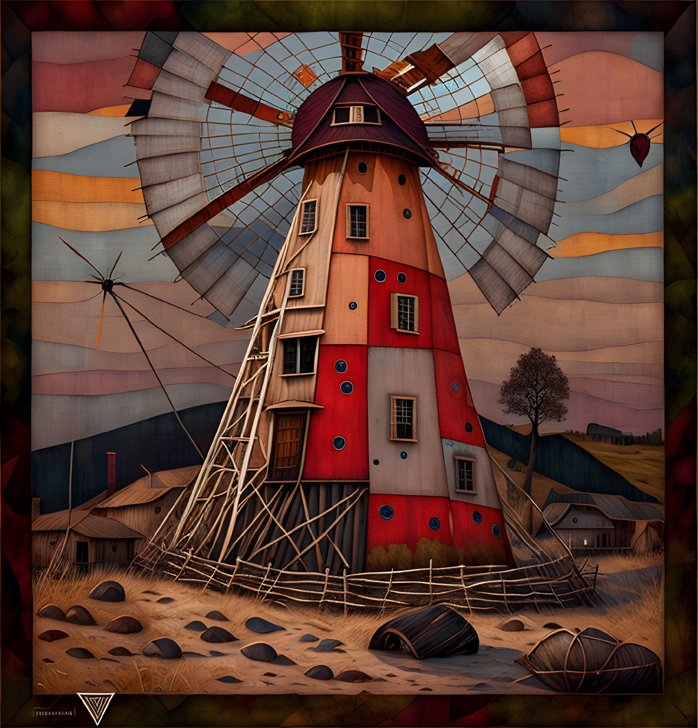 Whimsical red and white striped windmill in patchwork landscape