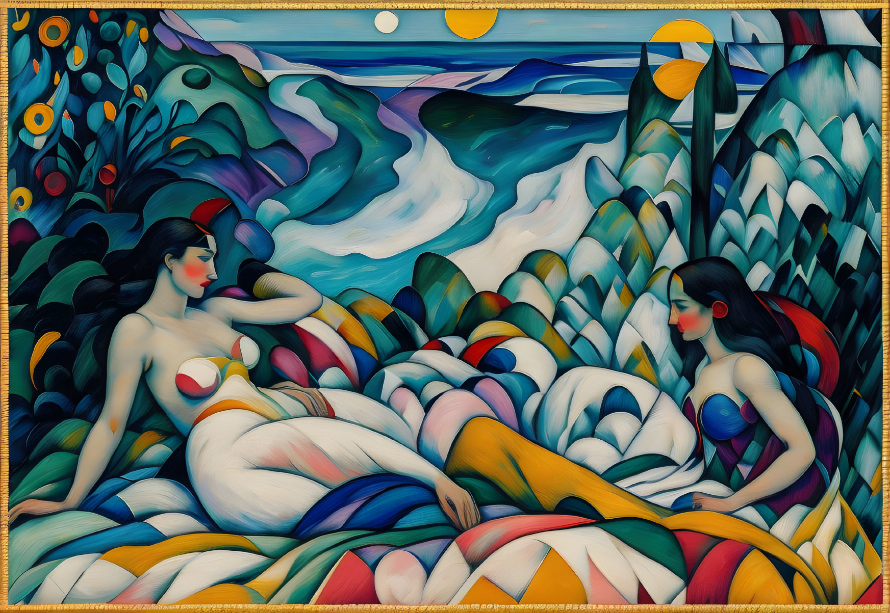 Abstract landscape with two reclining women in colorful setting