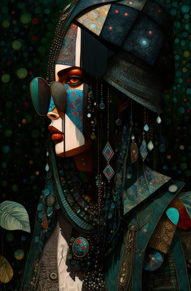 Vibrant tribal-inspired woman with intricate headgear and face paint