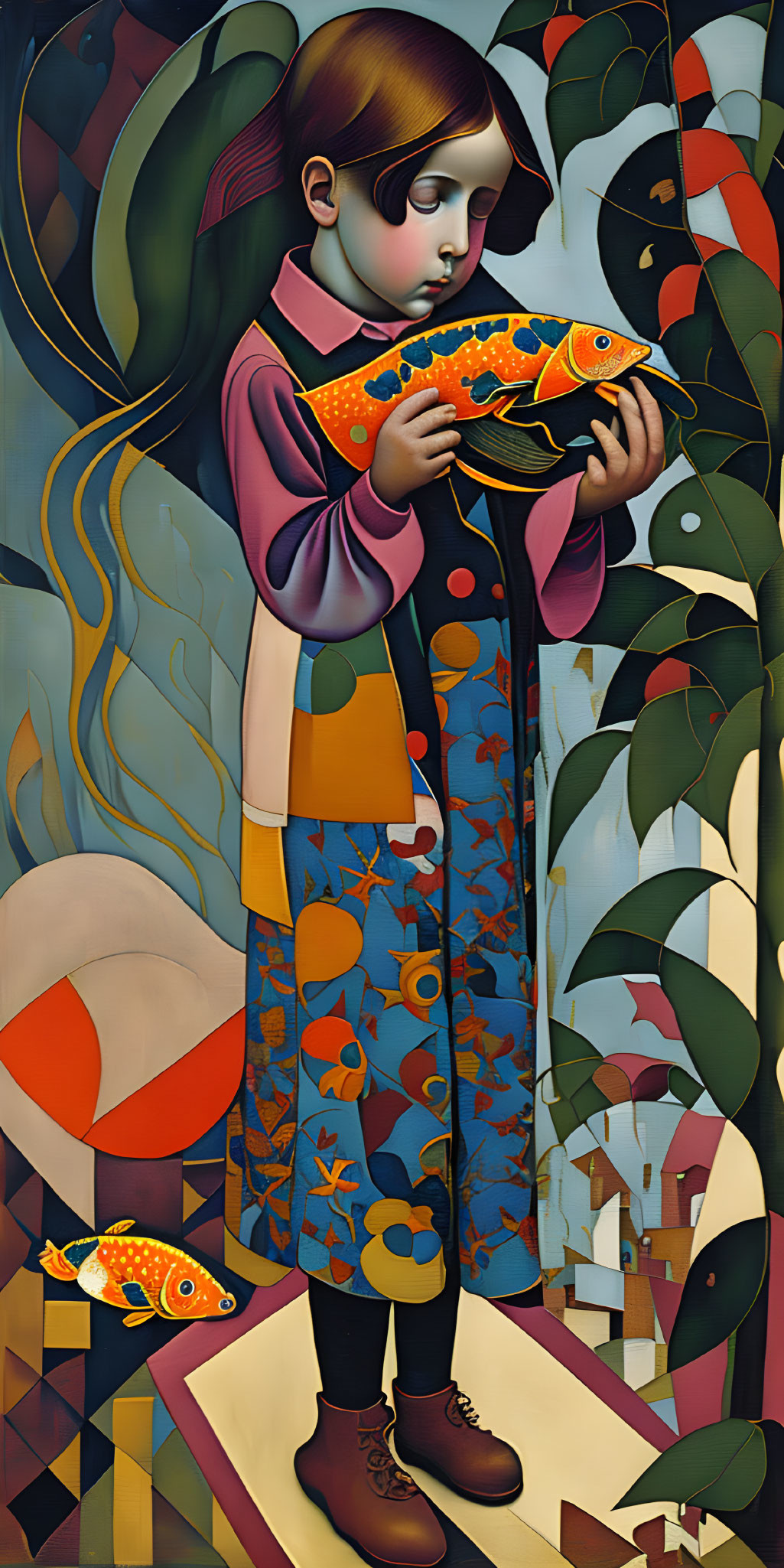 Surreal painting of girl in vibrant coat with large orange fish