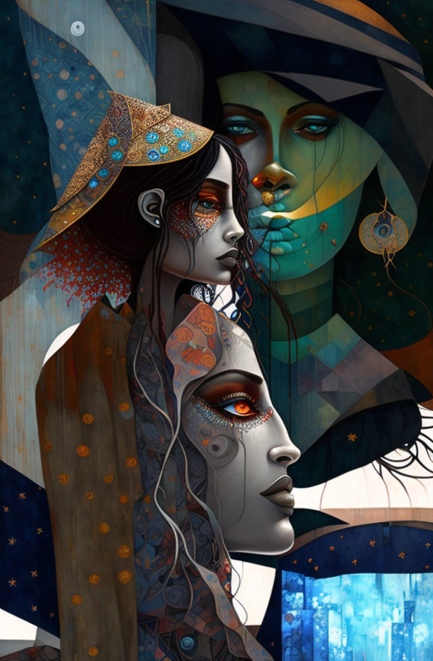 Three stylized female faces in profile with intricate patterns and cosmic elements blending surrealism and ethereal beauty