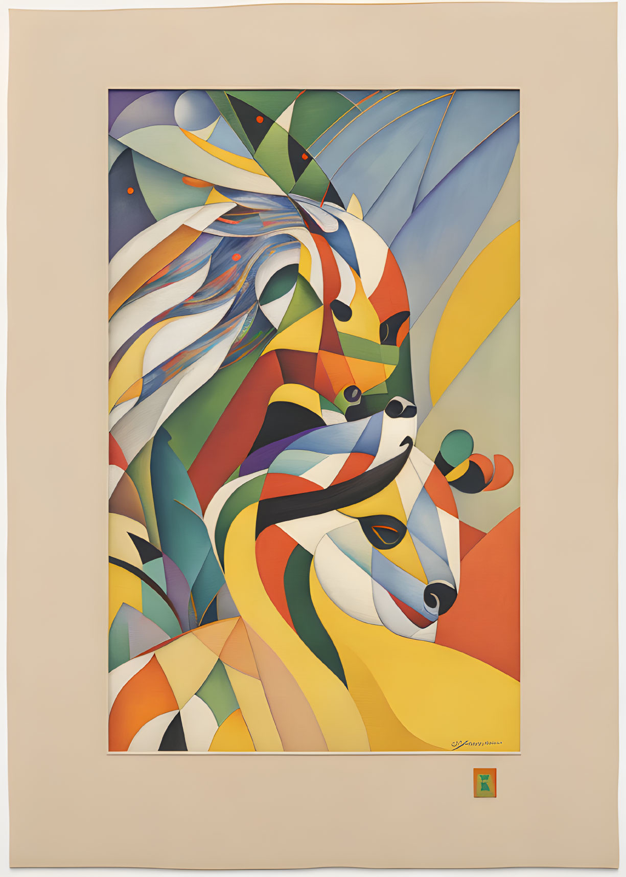 Colorful Geometric Lion Head Painting on Cream Background