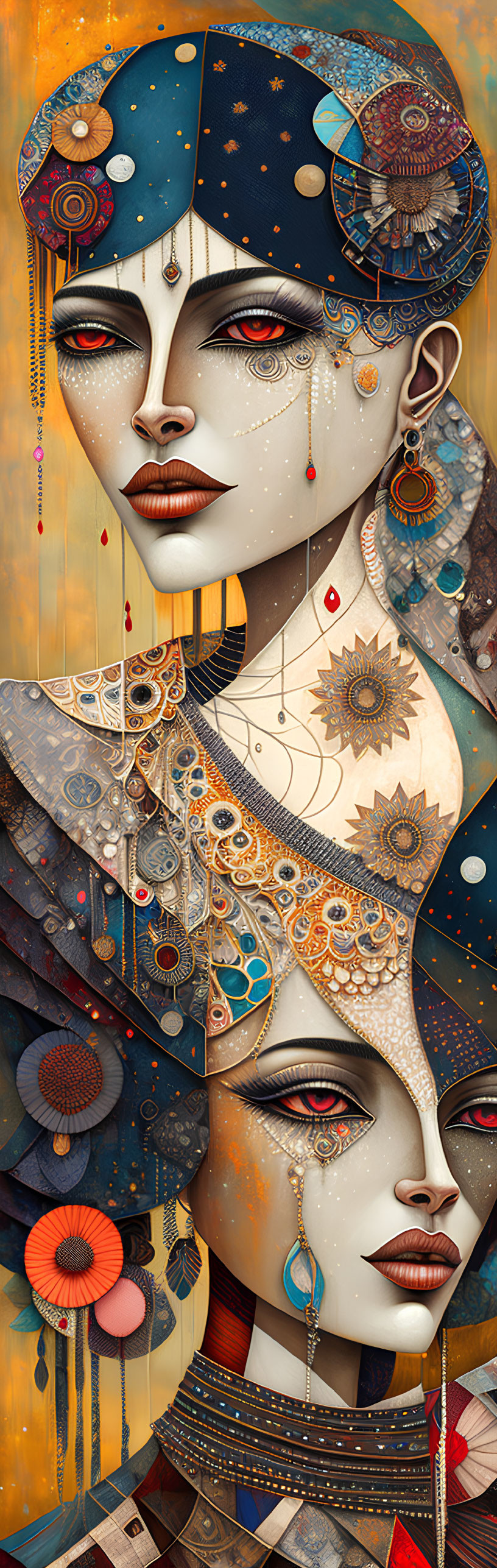 Stylized female faces with intricate headdresses and celestial motifs on golden background