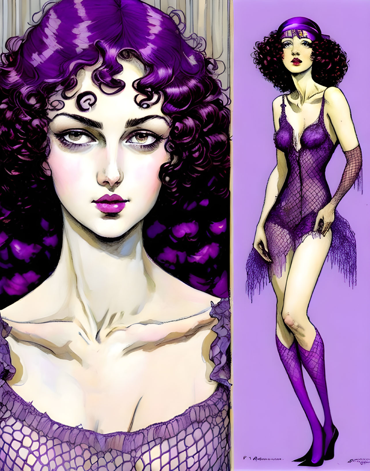 Purple-haired woman in unique outfit with stylized portrait.