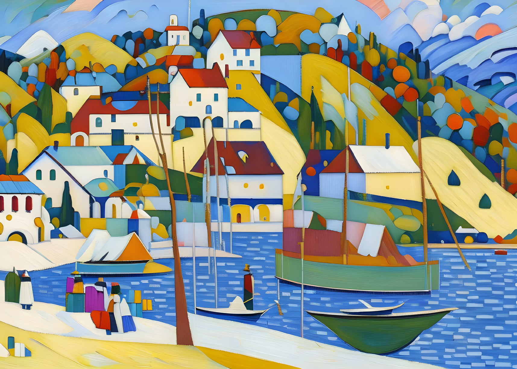 Vibrant Coastal Village Scene with Geometric Buildings and Boats