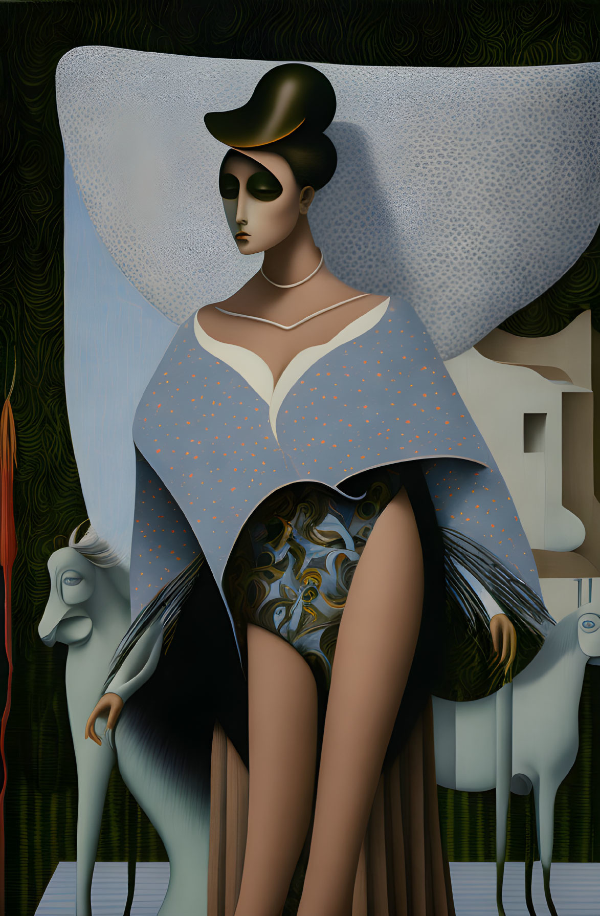 Surreal painting: Stylized woman in landscape dress with white horses