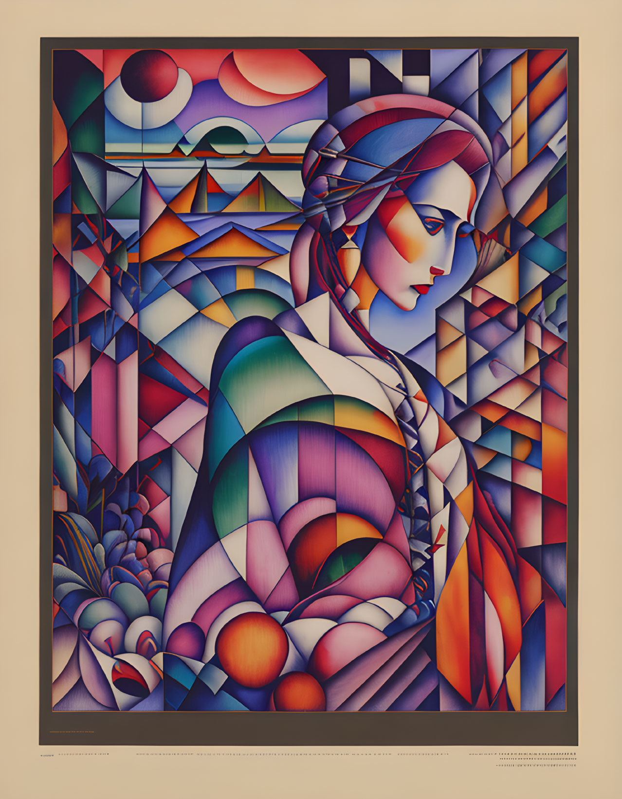 Colorful Cubist Art: Woman in Geometric Shapes & Warm/Cool Tones