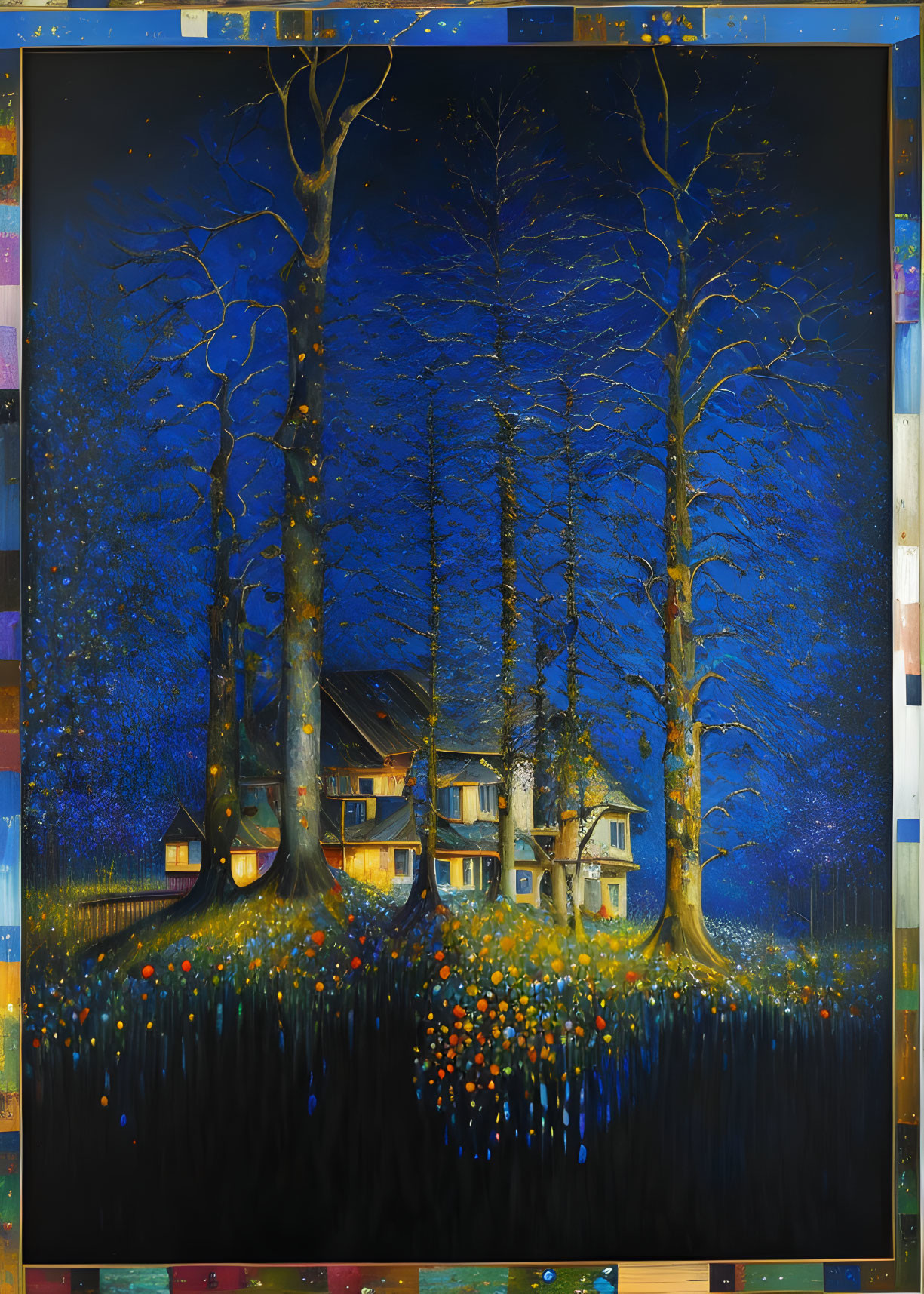 Colorful painting of tall trees, starry sky, cottage, and floral field