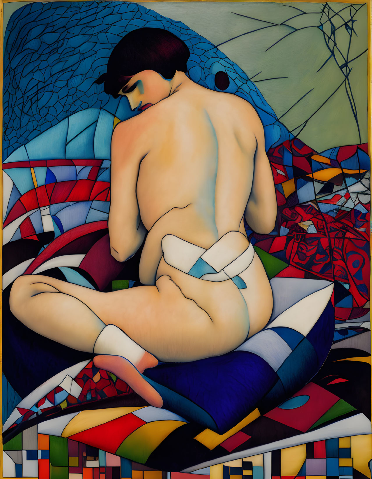 Seated person in white underpants surrounded by colorful geometric patterns