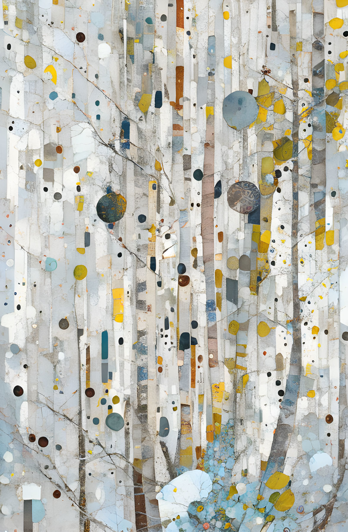 Colorful Abstract Birch Forest Painting with Leaf and Orb Patterns