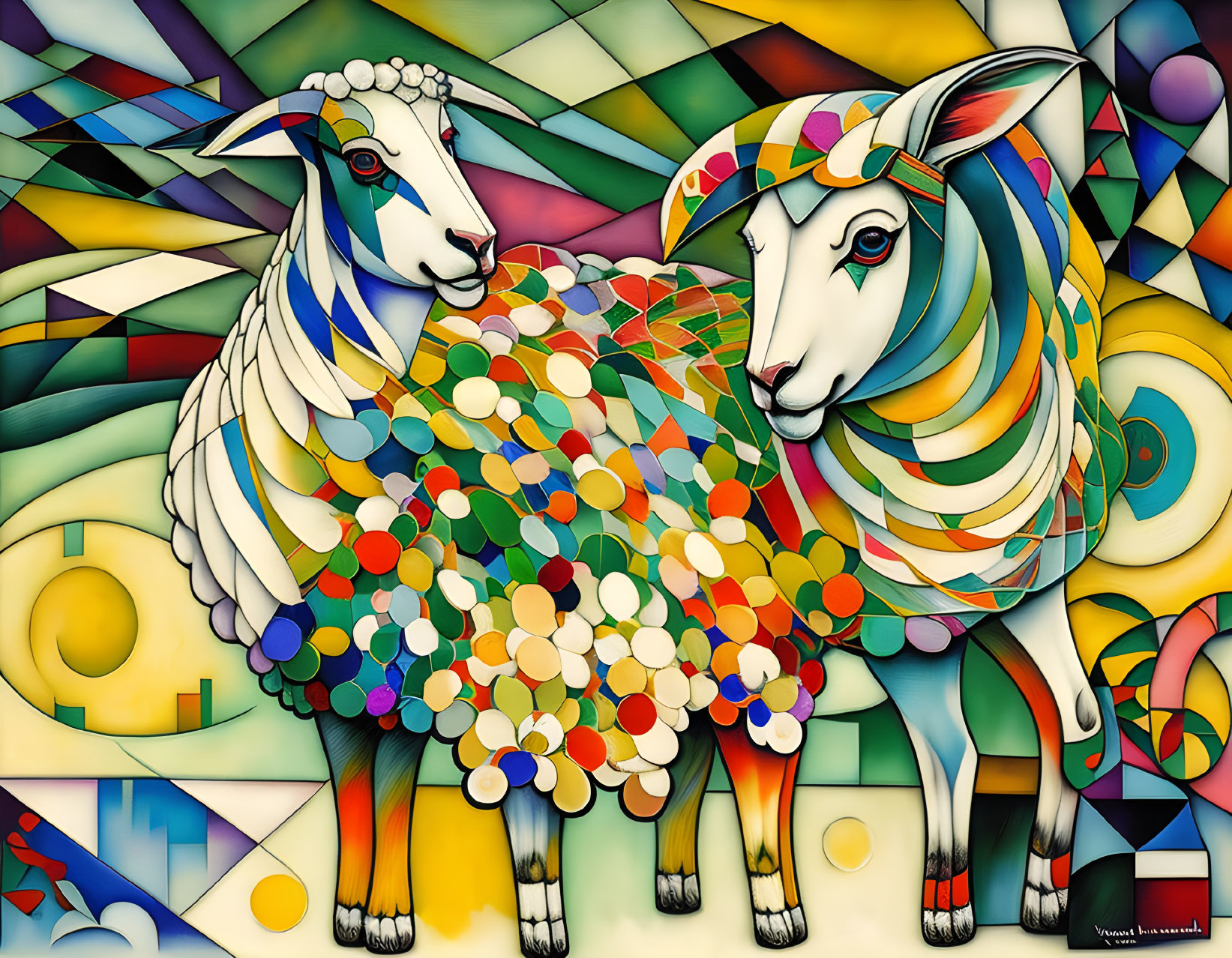 Colorful Stylized Sheep on Geometric Background