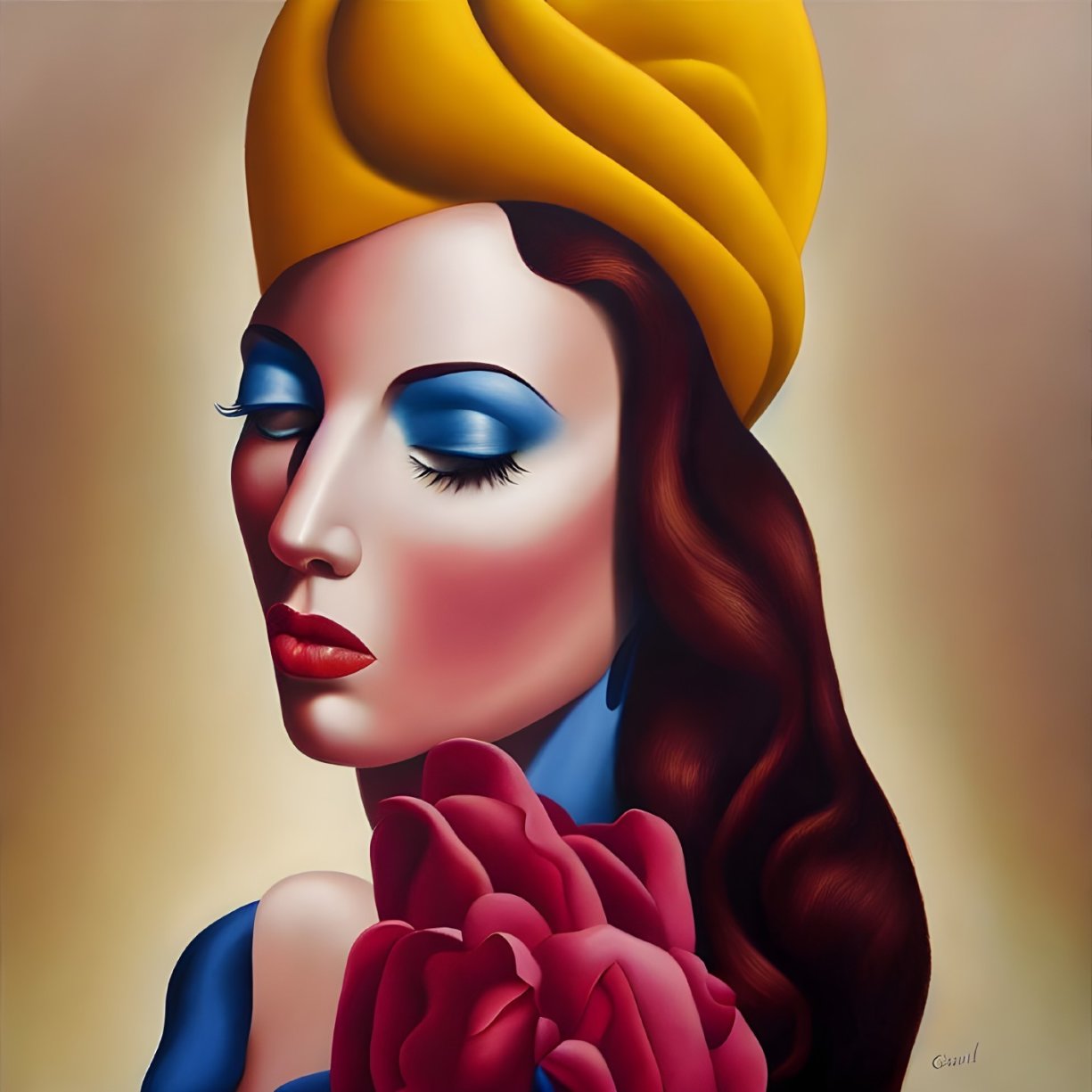 Stylized portrait of a woman with yellow hat and vibrant makeup