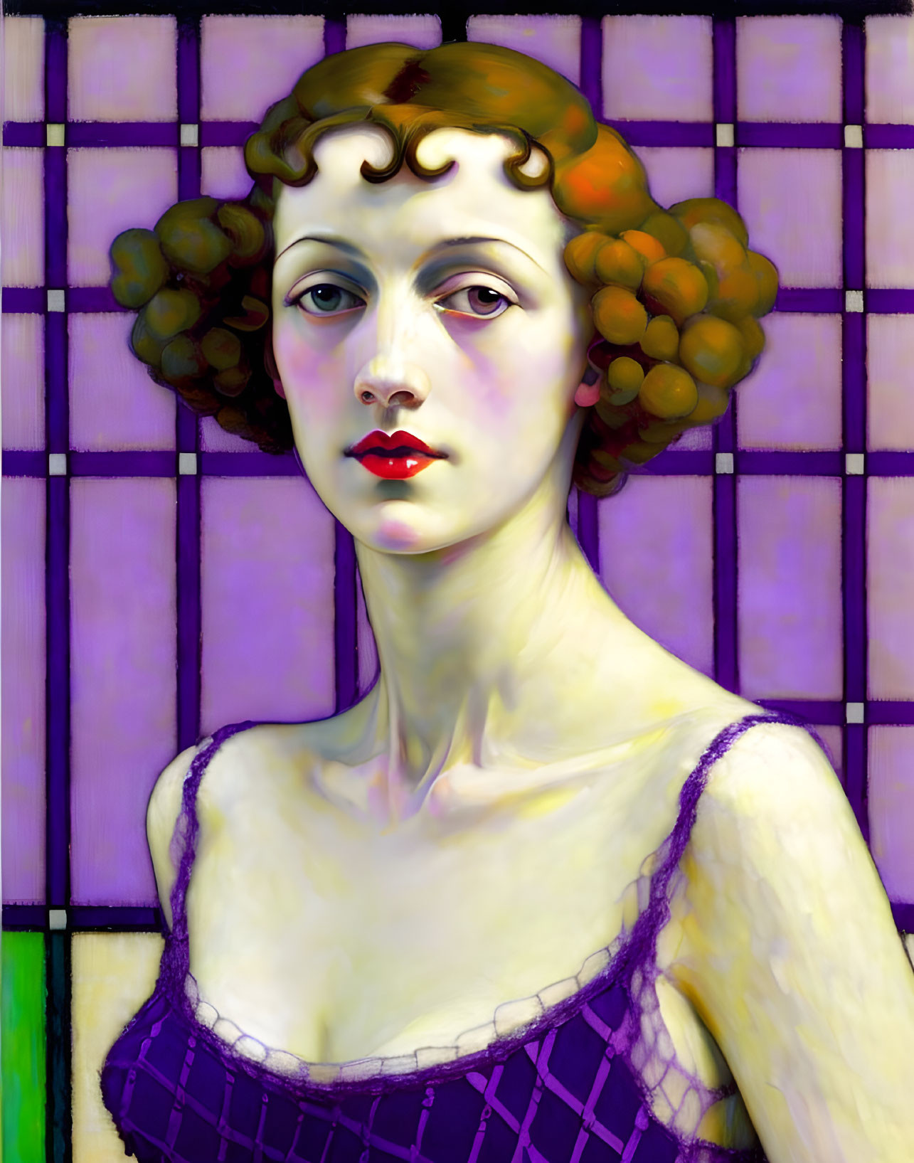 Curly-haired woman with red lipstick in purple dress against grid-patterned background