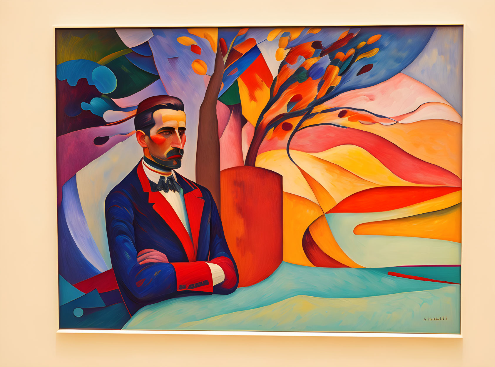 Colorful abstract painting: stern-faced man in suit with flowing landscape.