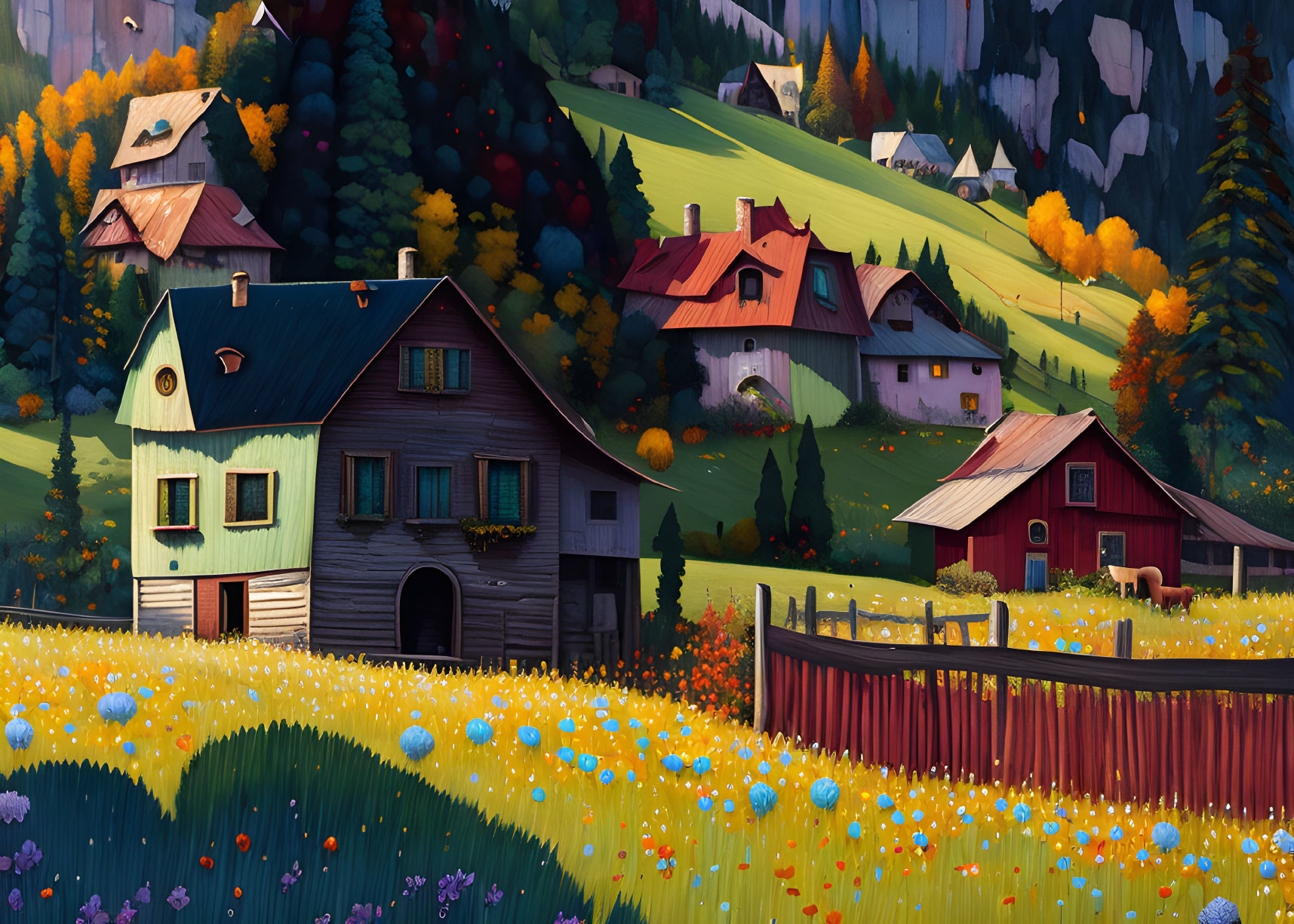 Colorful houses, blooming meadow, trees, hills in vibrant illustration.