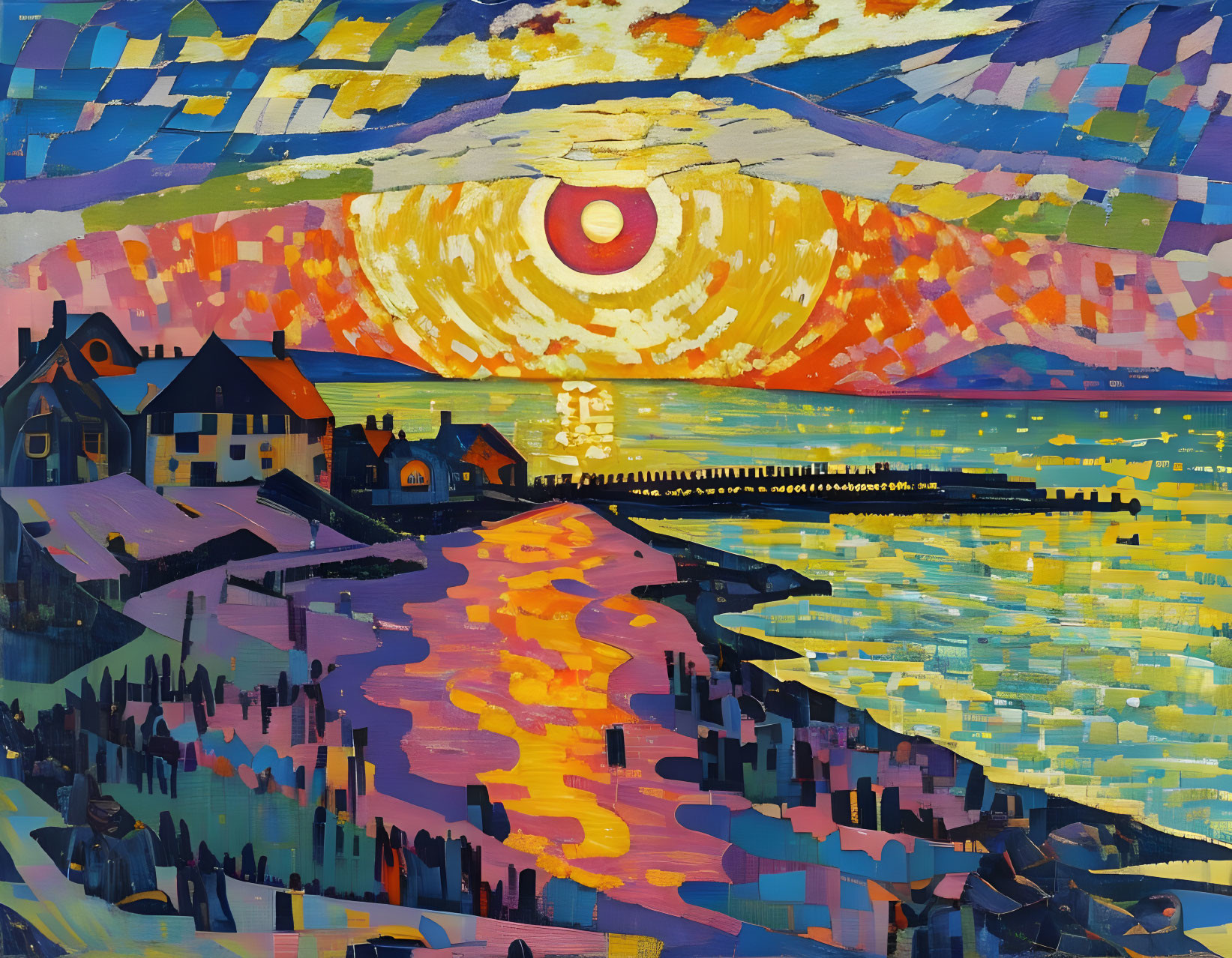 Colorful expressionist painting of coastal village at sunset