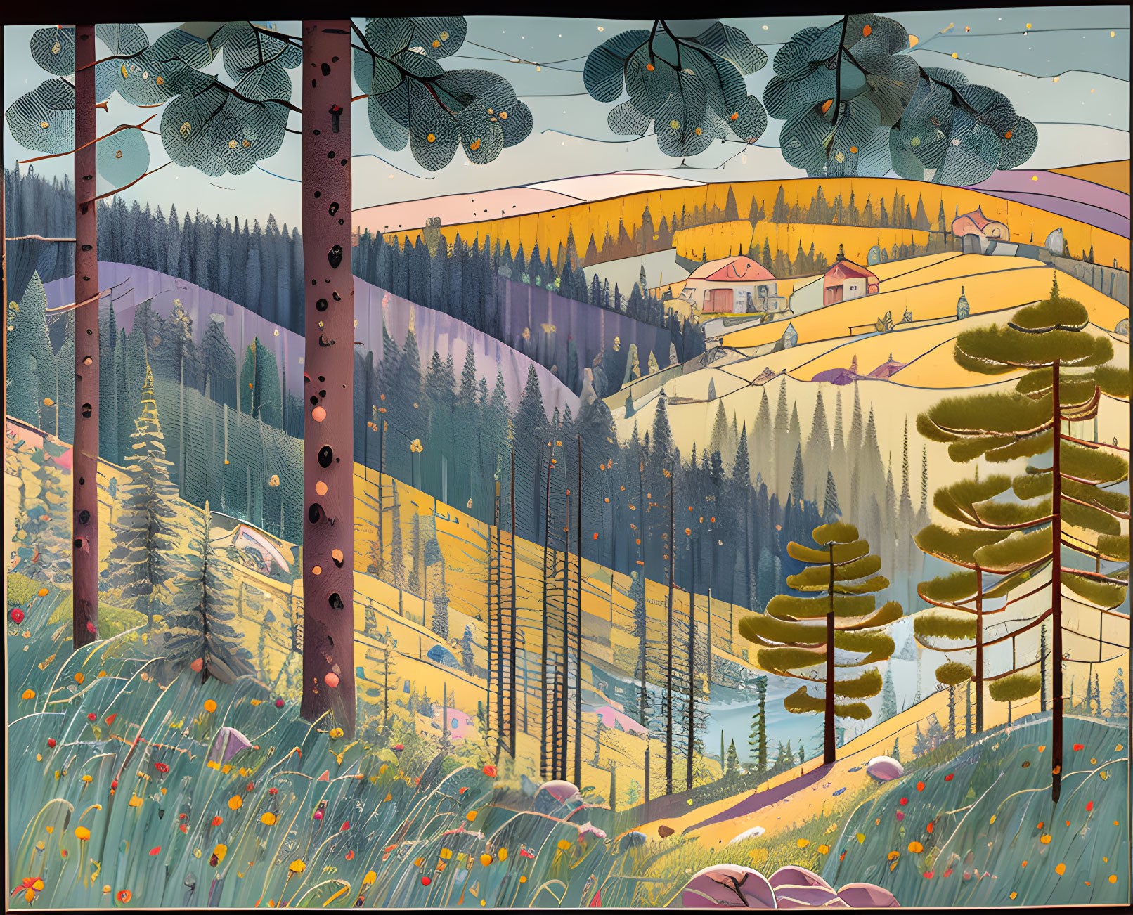 Colorful countryside illustration with trees, hills, house, warm sunset hues