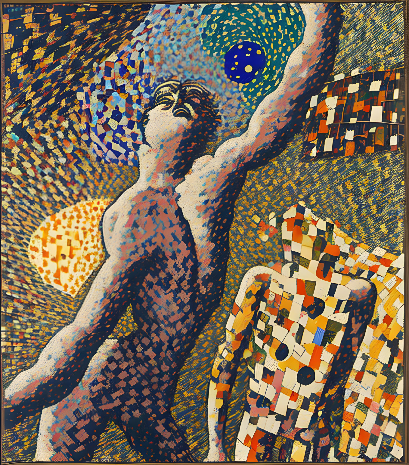 Abstract mosaic artwork: Two humanoid figures reaching for celestial swirls