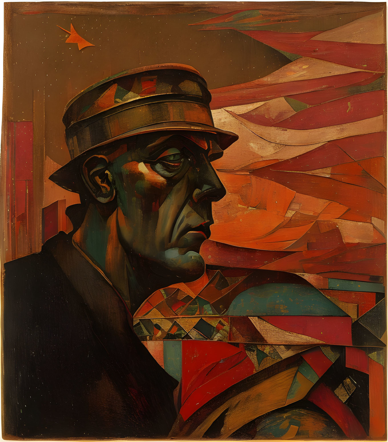 Male figure with stern expression in hat with red star on abstract red geometric background