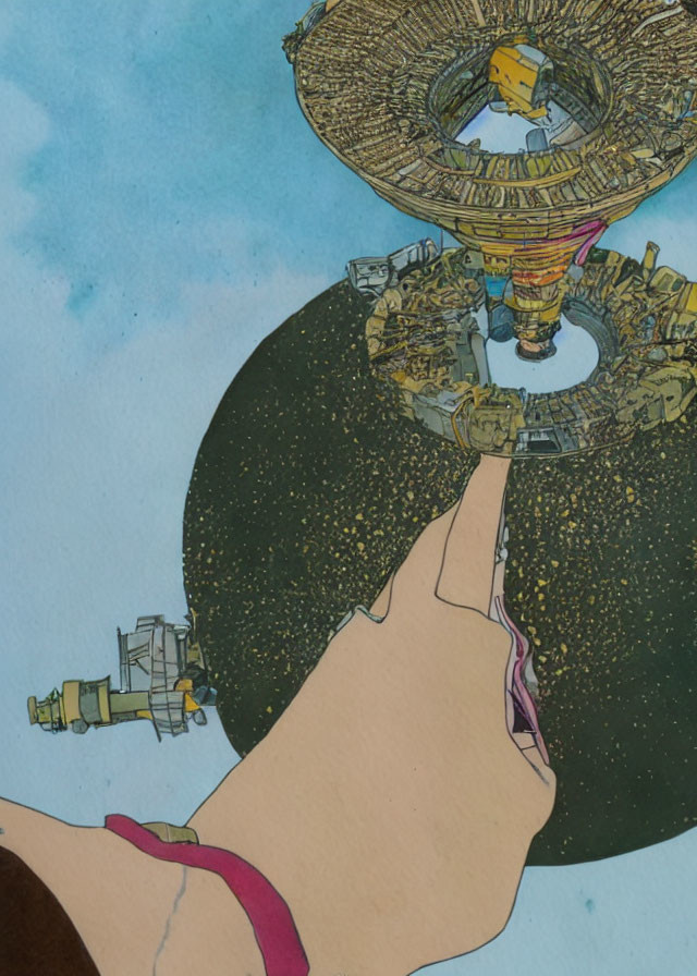 Colorful animated illustration of hand pointing at fantastical city with spacecraft