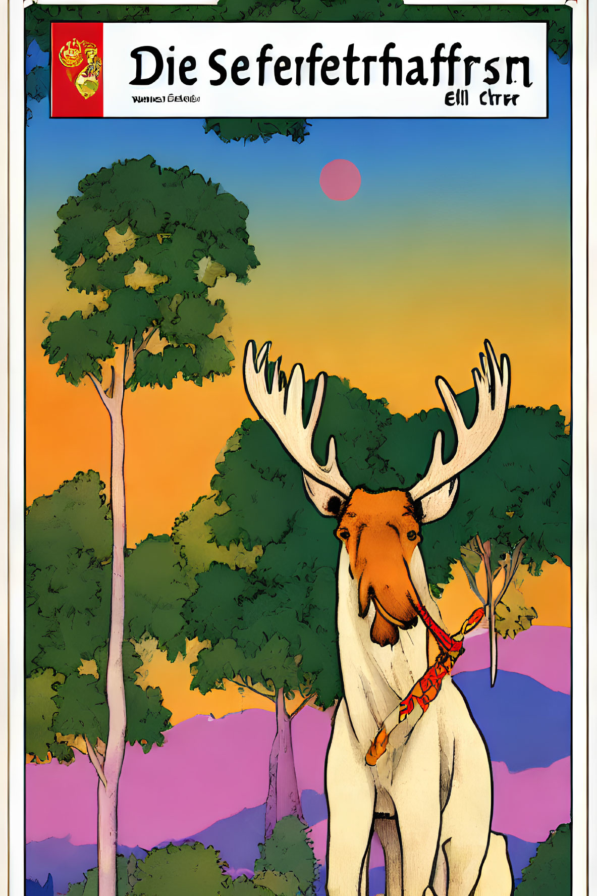 Stylized moose graphic with antlers in sunset landscape with non-English text