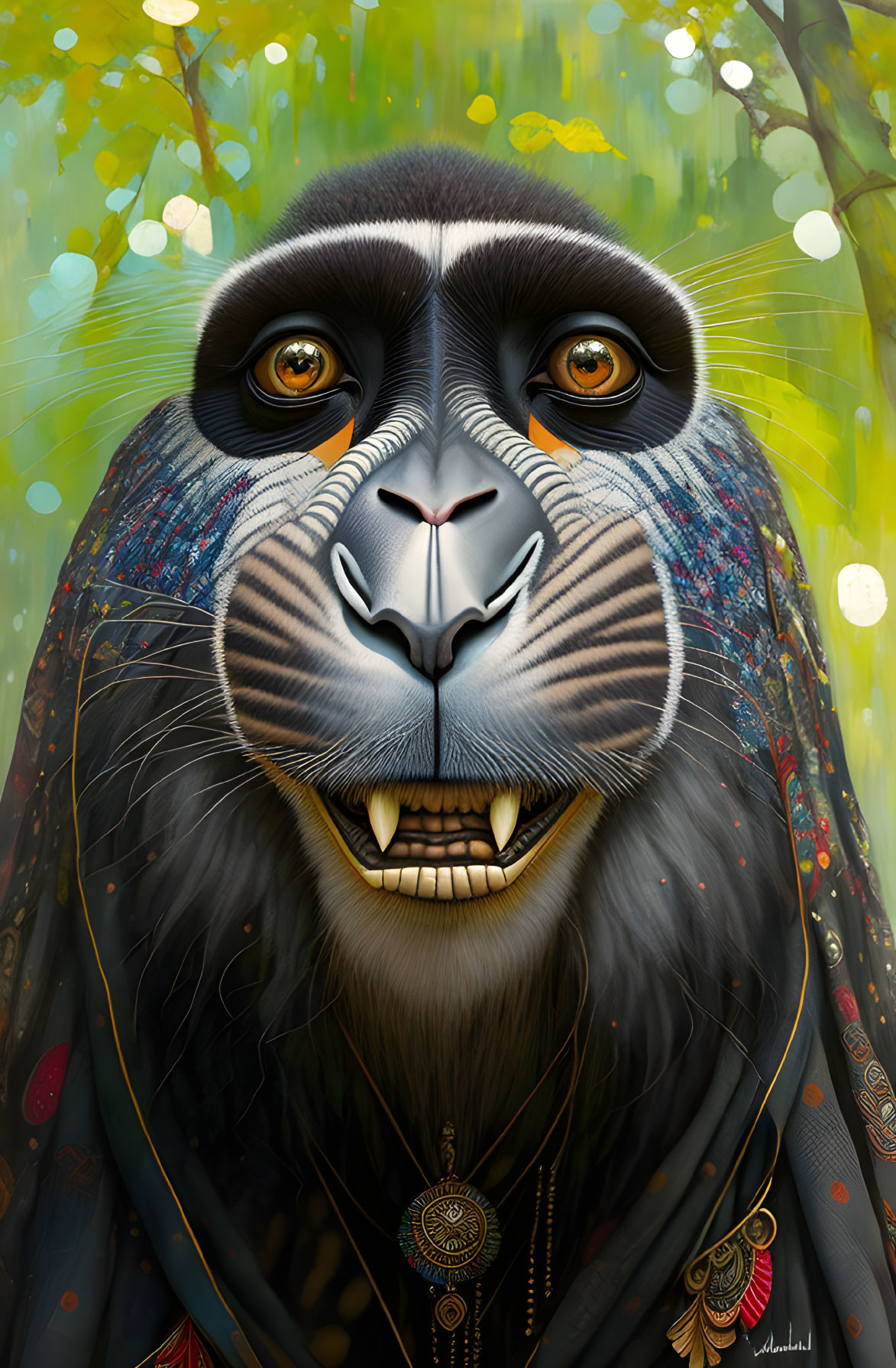 Detailed Mandrill Face Illustration with Human-like Eyes and Ornate Jewelry on Green Background