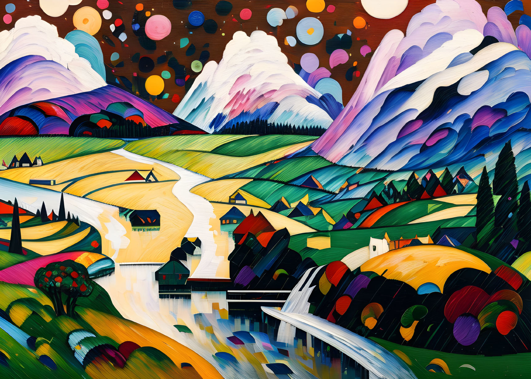 Colorful landscape painting: rolling hills, river, houses, mountains under starry sky