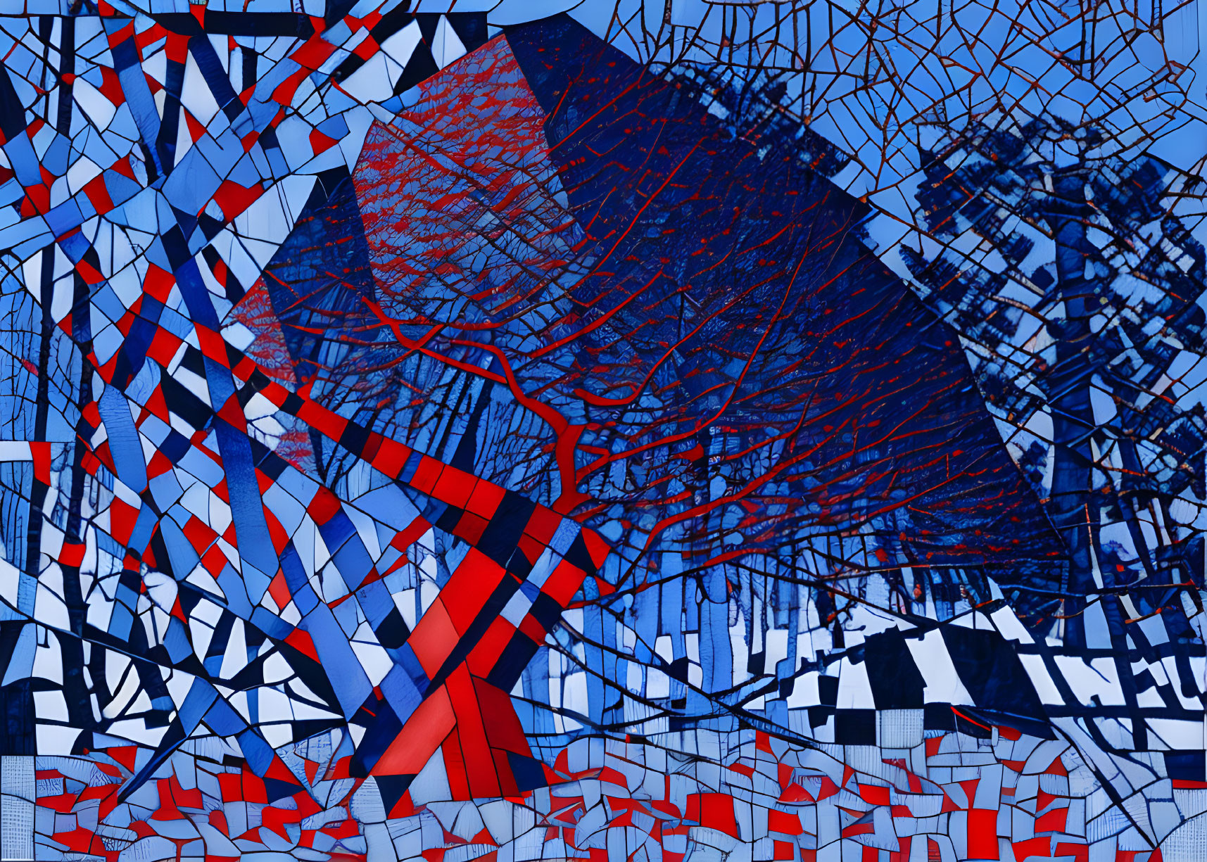 Geometric blue and red patterns with tree silhouettes on fragmented background