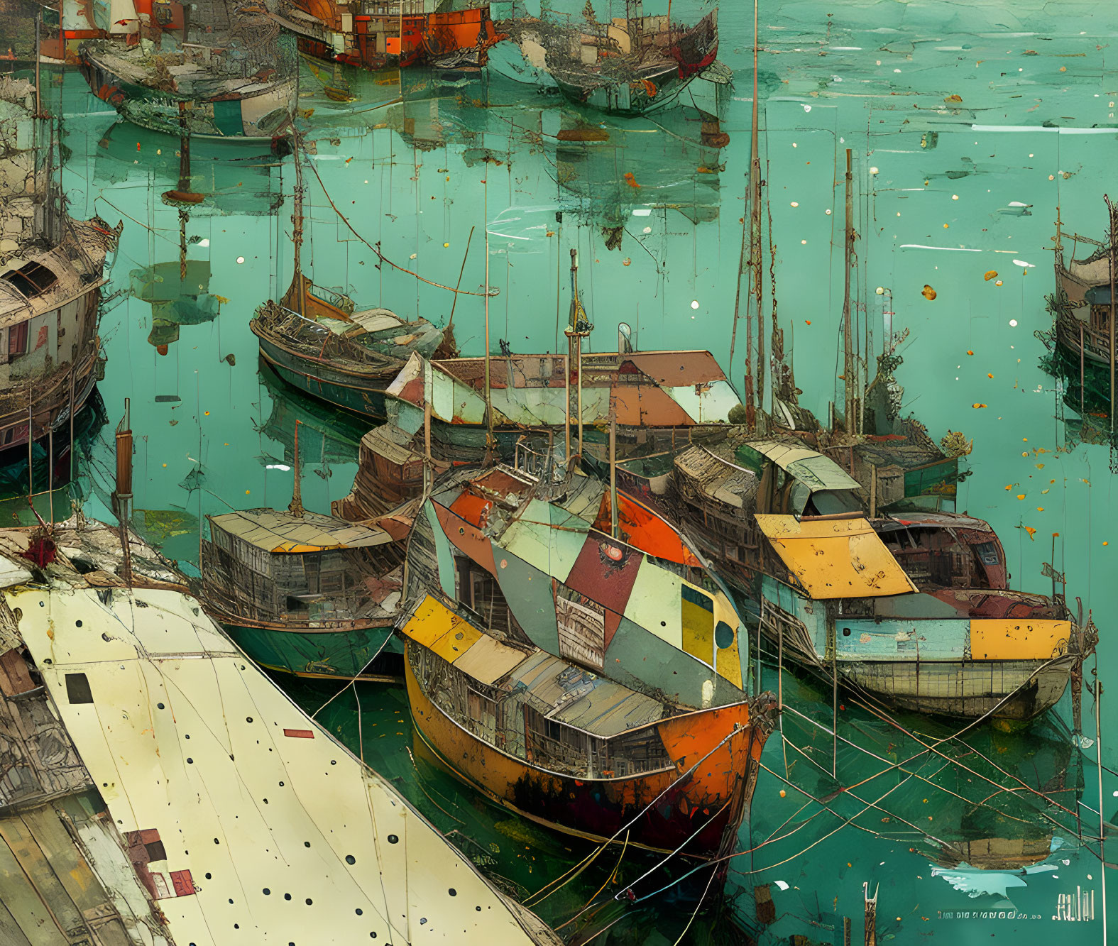 Colorful old boats in aqua-marine harbor with patchwork repairs