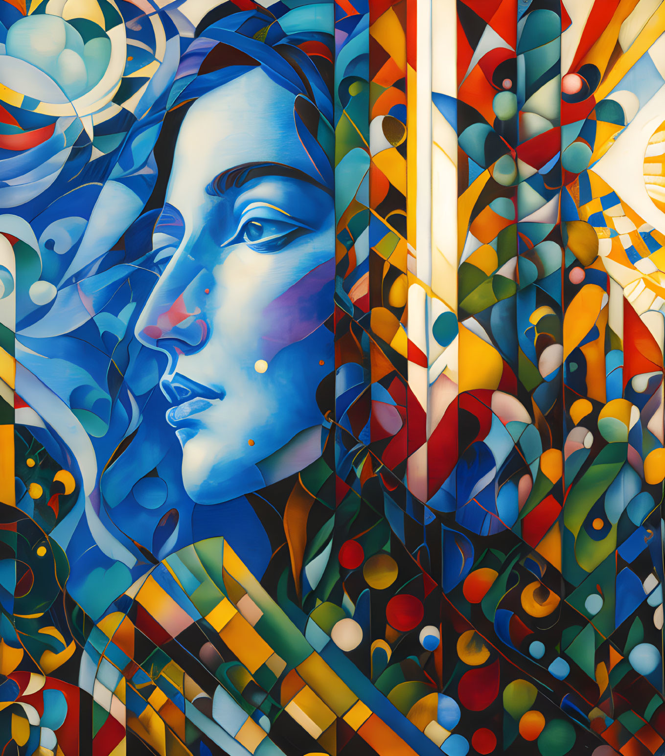 Colorful mural featuring stylized woman's face and abstract stained glass patterns