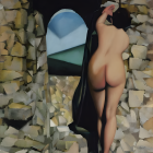 Nude Woman Looking Out Window in Cubist Style