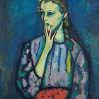 Pensive woman with blue eyes against geometric blue backdrop