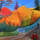 Colorful European village painting with red church spire & abstract trees