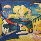 Colorful Village Painting with Cobblestone Street & Fluffy Clouds