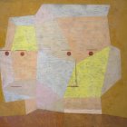 Dual-faced Cubist painting with geometric patterns and vibrant colors on yellow background.